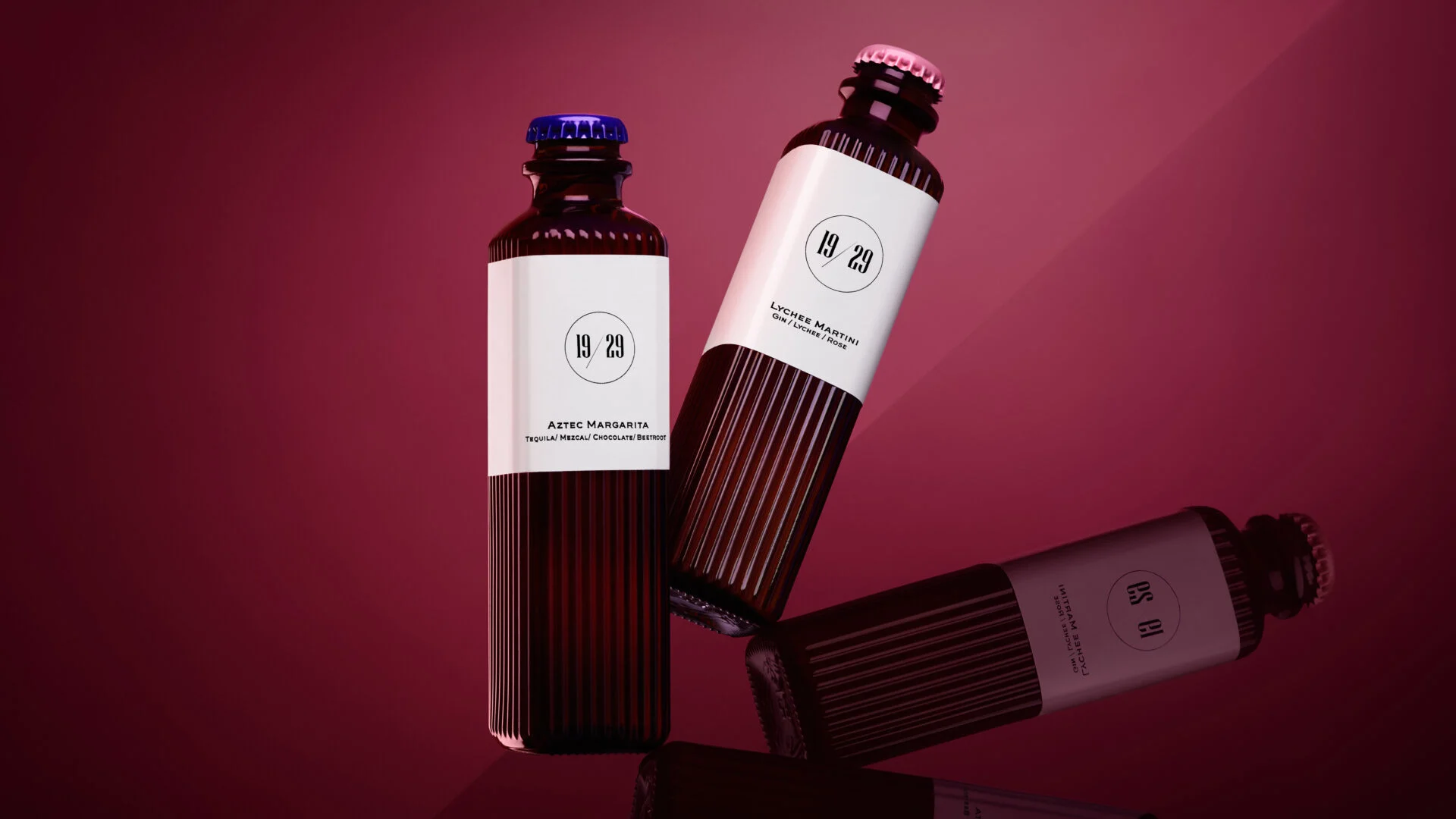 Premium bottled cocktails by 19/29 Agency, featuring Aztec Margarita and Lychee Martini, showcased in elegant, minimalist packaging. Perfect for luxury events and exclusive gatherings at Aki Ibiza—where craftsmanship meets sophisticated style.